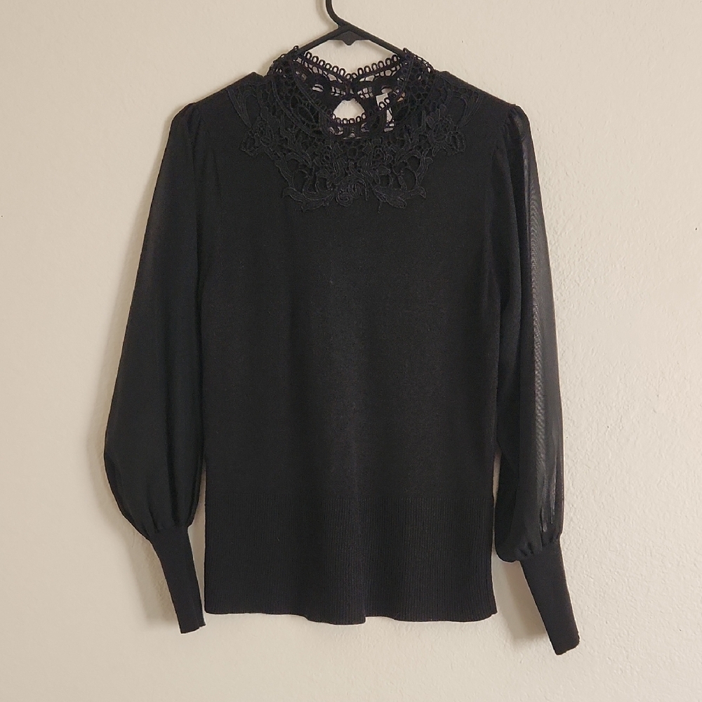 NY Collection Black Lace Detail Blouse Sweater Top